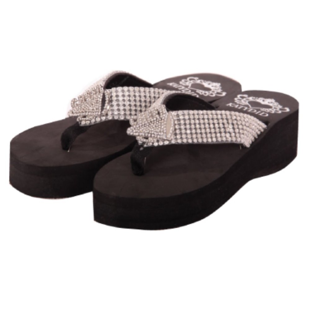 Katydid Black Platform Flip Flop Sandals with Silver Rhinestone Straps